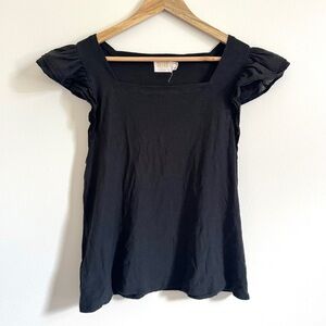 Nation LTD Square Neck Top Size Large Ruffle Sleeve Pima cotton black blouse